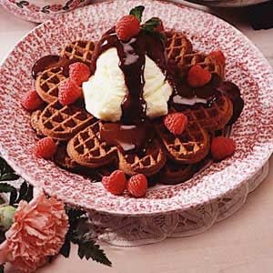 Chocolate Dessert Waffles with Raspberries Recipe | Taste of Home