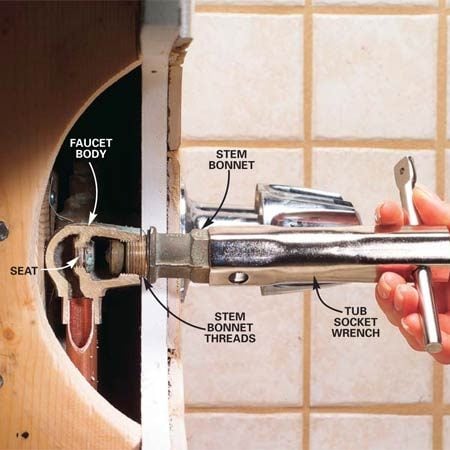 How To Repair a Leaking Tub Faucet | The Family Handyman 4 way mixing valve piping diagram 