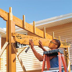 Set the 2x8 beam with the 2x2 blocks onto the post's 2x6 shoulder