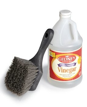 Stiff bristle brush and vinegar stone cleaning materials
