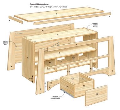 Technical drawing of DIY TV stand parts and assembly