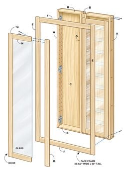 Components of built-in shelves assembly with glass doors shown in exploded view.