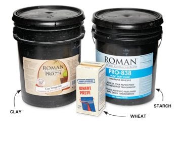 A pail of clay wallpaper paste, a pail of starch wallpaper paste and a box of wheat wallpaper paste.