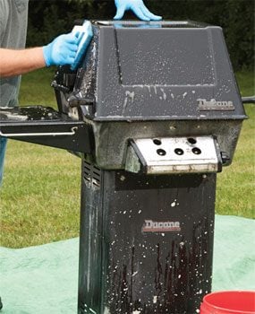 Before repainting, you need to degrease the grill inside and out.