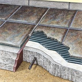 Follow this cutaway when you build a patio with ceramic tile.