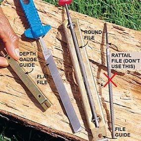 chainsaw tools: depth gauge guide, flat file, round file, rattail file, file guide