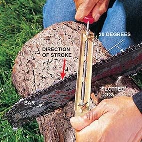 sharpening chainsaw by hand: stroke away from body