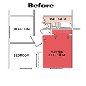 This drawing shows the bathroom before the glass block installation.