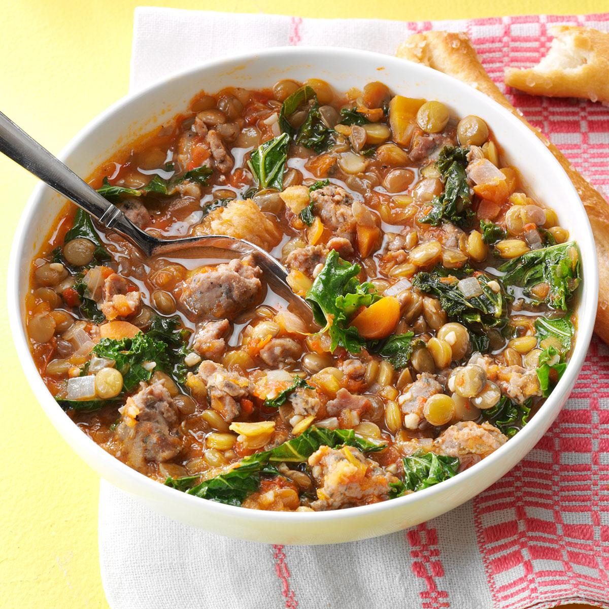Sausage & Kale Lentil Stew Recipe | Taste of Home