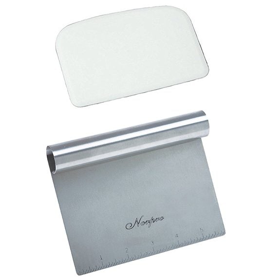 Stainless steel scraper with a flexible plastic bowl scrapper above it on a white background