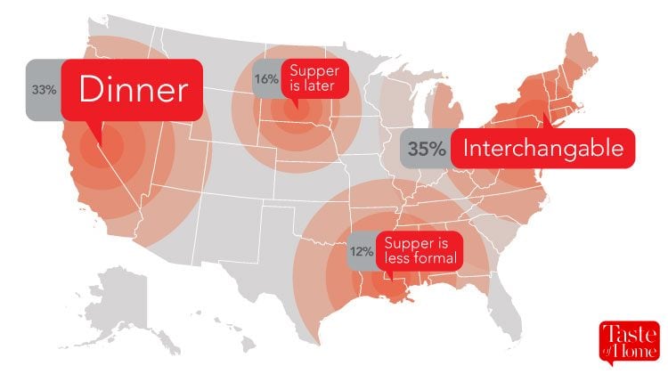 Map with red call-outs labelling what dinner is called in different areas of the USA