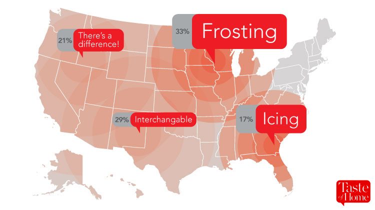 Map with red call-outs labelling what frosting is called in different areas of the USA