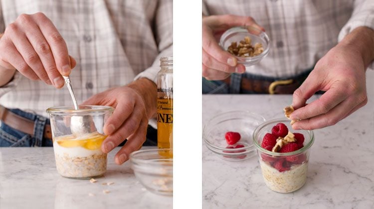honey being mixed in with a spoon to the oatmeal mixture and a person topping finished oatmeal with raspberries and nuts