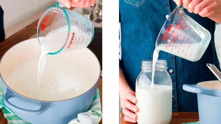 Milk being poured into a sauce pan filled with the yogurt mixture and then the new mixture being poured into a mason jar