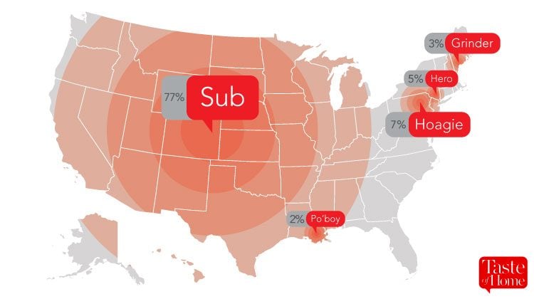 Map with red call-outs labelling what sandwiches are called in different areas of the USA