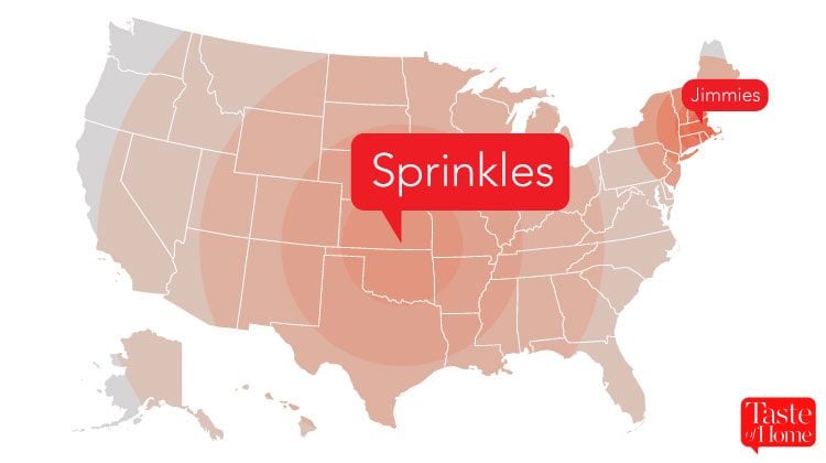 Map with red call-outs labelling what sprinkles are called in different areas of the USA