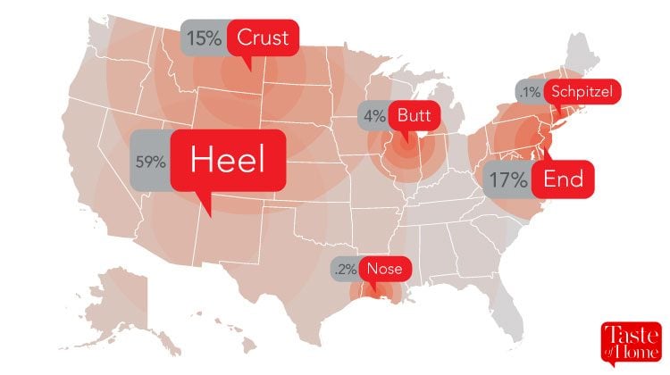 Map with red call-outs labelling what bread is called in different areas of the USA