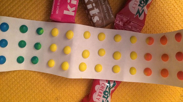 A strip of rainbow candy buttons laying out horizontally on a yellow tablecloth