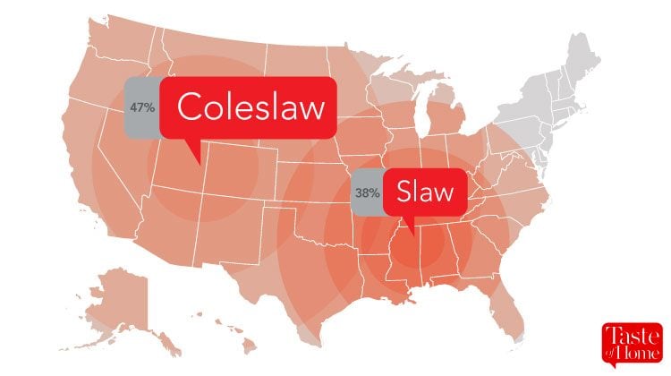 Map with red call-outs labelling what coleslaw is called in different areas of the USA