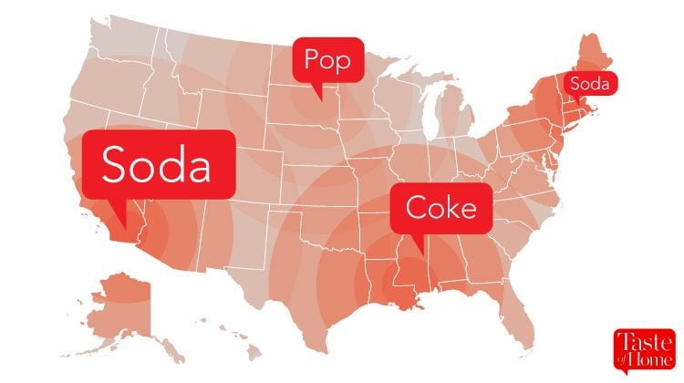 Map with red call-outs labelling what soda is called in different areas of the USA