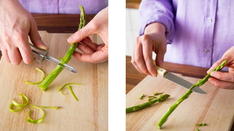 person using a vegetable peeler to peel a stem of asparagus and using a knife to remove the scales